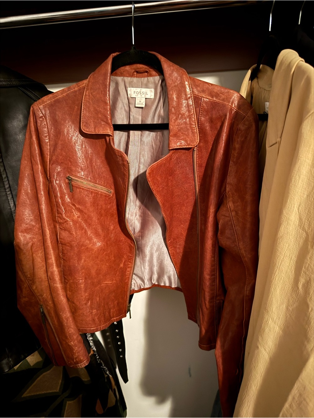 Fossil Women’s Rust-Red Leather Moto Jacket